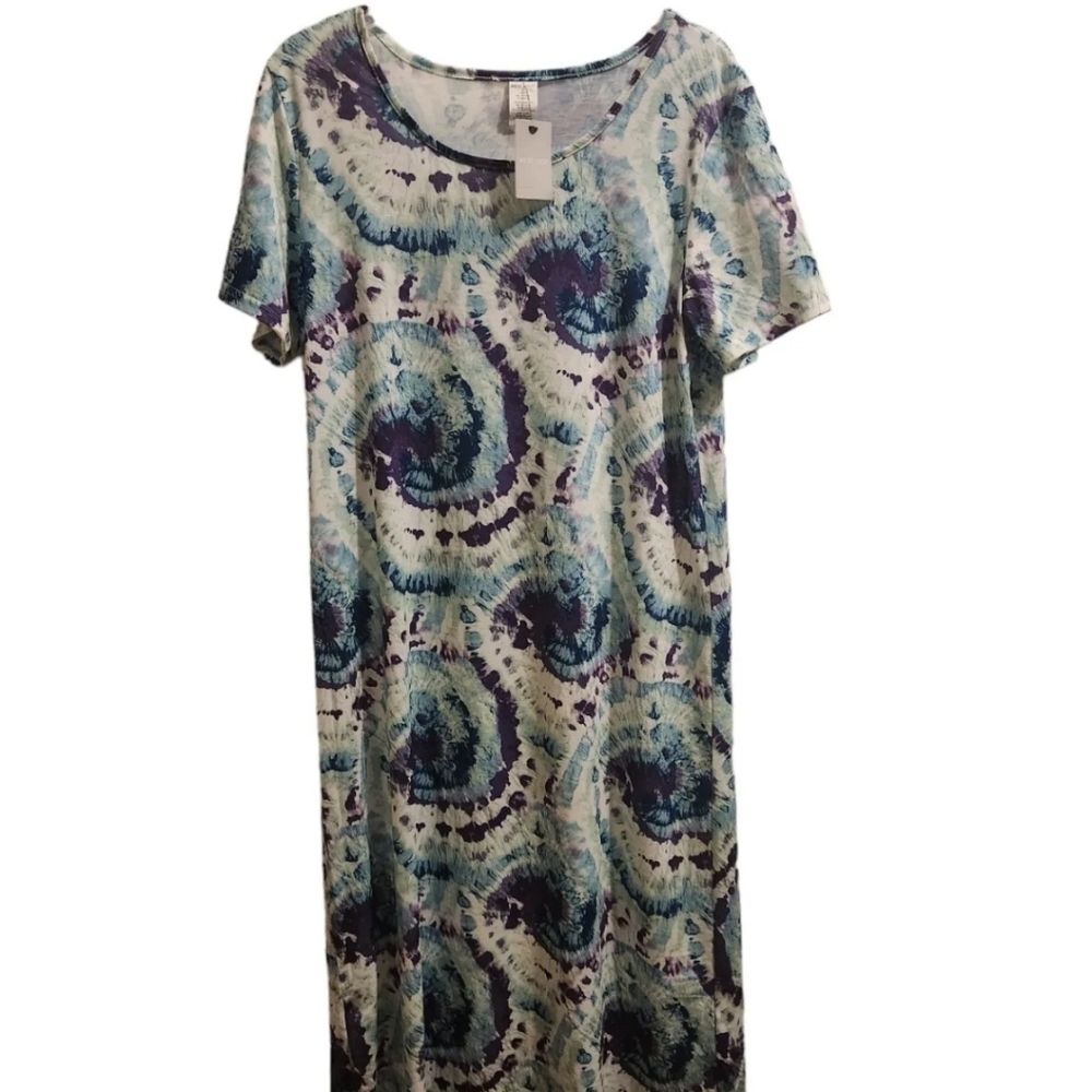 Long Dress Tie Dye Tee Shirt T-Shirt Dress NWT Purple Green Blue Casual Size- M